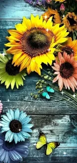 Vibrant sunflower and daisies on a rustic wooden background.