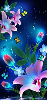 Vibrant floral wallpaper with butterflies on a blue background.