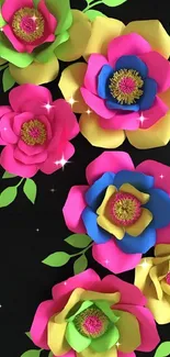 Colorful 3D paper flowers on black background wallpaper.