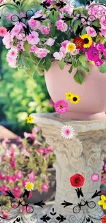 Vibrant floral mobile wallpaper with pink flowers on a decorative vase.