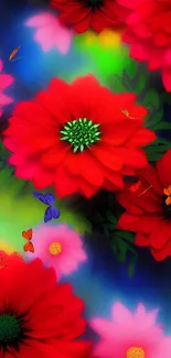 Vibrant floral wallpaper with red flowers and colorful background.