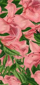 Pink floral wallpaper with green leaves.