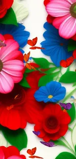 Vibrant floral wallpaper with red, pink, and blue flowers on green leaves.