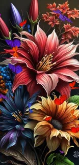 Vibrant bouquet of colorful flowers on dark slate background.