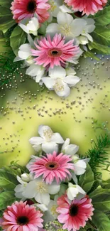 Floral wallpaper with pink daisies and green leaves, perfect for mobile screens.