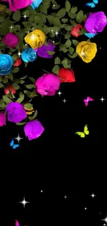 Colorful roses and butterflies on black wallpaper.