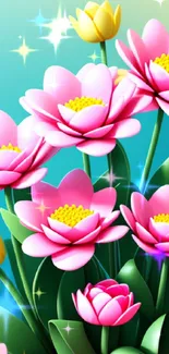 Pink and yellow flowers on teal blue wallpaper, vibrant and colorful floral design.