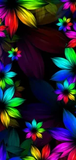 Vibrant floral wallpaper with colorful flowers on a dark background.