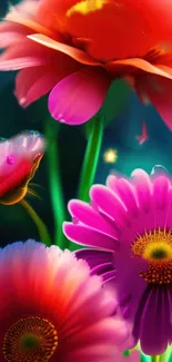 Colorful floral wallpaper with vibrant pink flowers.