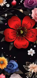 Vibrant floral design with colorful flowers on a black background.