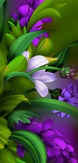 Vibrant floral design with purple flowers and a butterfly.