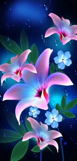 Vibrant mobile wallpaper with exotic flowers and lush greenery on deep blue.