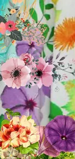 Vibrant floral wallpaper with colorful flowers and lush green backgrounds.