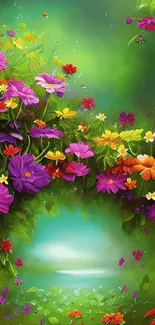 Vibrant floral wallpaper with colorful flowers and green background.