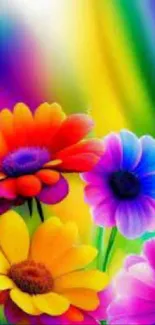 Vibrant multicolor floral wallpaper with rainbow-themed flowers.