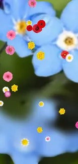 Vibrant mobile wallpaper featuring blue flowers with colorful blossoms.