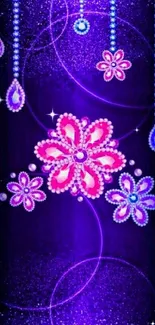 Vibrant floral wallpaper with purple and pink jewel-like flowers.