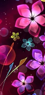 Vibrant floral wallpaper with glowing flowers.