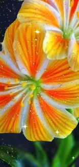 Vibrant orange flower with dew drops on a dark background.