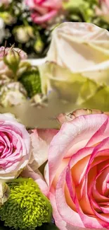 Close-up of vibrant pink roses and green foliage in a floral mobile wallpaper.