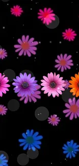 Vibrant floral mobile wallpaper with colorful flowers on a black background.