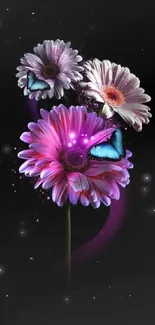 Vibrant purple flowers and blue butterflies on a dark background.