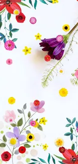 Vibrant floral mobile wallpaper with colorful flowers on a white background.