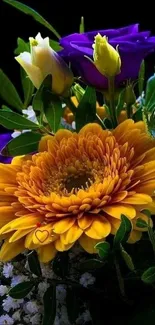 Vibrant floral bouquet with colorful flowers against a dark background.