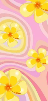 A vibrant mobile wallpaper with yellow flowers and abstract swirls on a pink background.