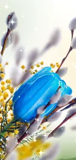 Vibrant blue and yellow floral mobile wallpaper with nature elements.