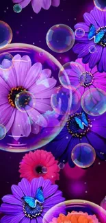 Vibrant purple flowers with butterflies on mobile wallpaper.