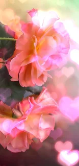 Vibrant pink-orange roses with green leaves on a blurred background.