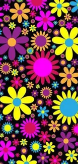 Vibrant floral wallpaper with colorful flowers on a black background.