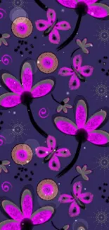 Vibrant floral pattern wallpaper with pink flowers on dark purple background.