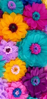 Vibrant floral wallpaper with colorful blooms in teal, purple, pink, and yellow.