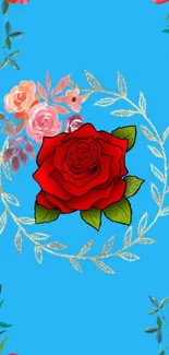 Vibrant floral phone wallpaper with red roses and sky blue background.