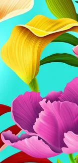 Vibrant floral wallpaper with colorful flowers on a turquoise background.