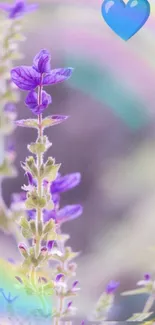 Vibrant mobile wallpaper with purple flowers and a blue heart.