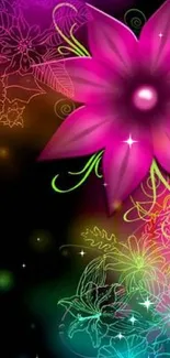 Neon floral design mobile wallpaper with vibrant colors.