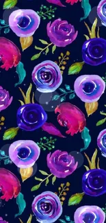 Vibrant floral pattern with colorful roses on a navy background.