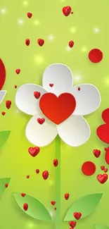 Vibrant red and white floral mobile wallpaper on a lime green background.