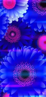 Vibrant blue and pink floral wallpaper design.