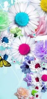 Colorful floral mobile wallpaper with daisies, roses, and butterflies.