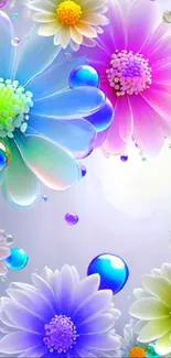 Vibrant floral wallpaper with colorful flowers and bubbles.