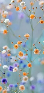 Vibrant floral wallpaper with orange, white and purple blooms.