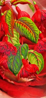 Vibrant wallpaper with red roses and green leaves on a mobile screen.