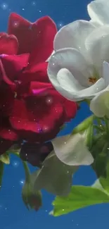 Red and white flowers against a vibrant blue sky with twinkling stars.