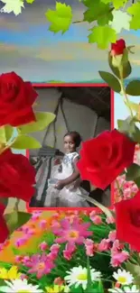 Floral wallpaper with vibrant red roses and central portrait.