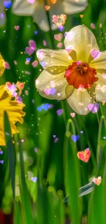 Colorful flowers with digital hearts on a vibrant green background.