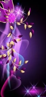 Vibrant floral wallpaper with purple hues and golden leaves.